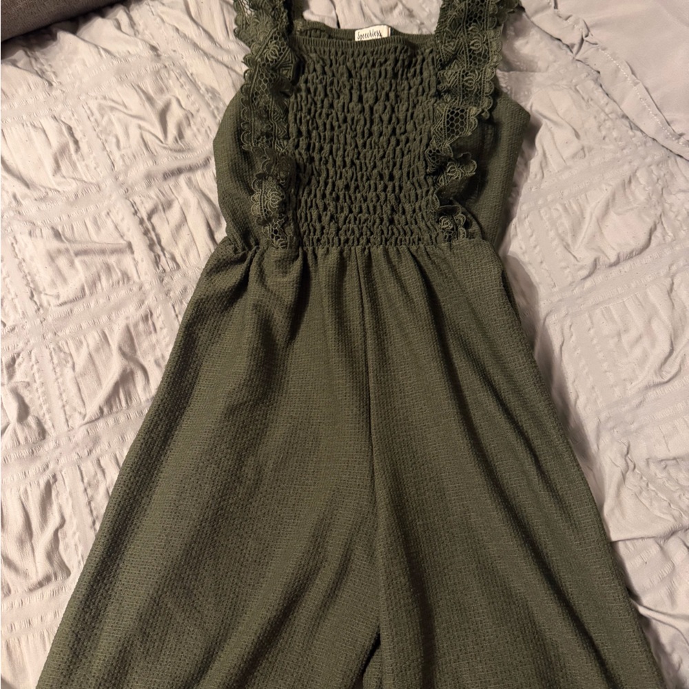 Girls Green Sleeveless Jumpsuit with Lace Details
